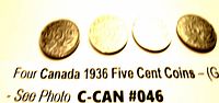 Four Canada 1936 five cent coins laid out on paper showing the selling text with lot number