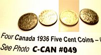 Four Canadian 1936 five cent coins displayed horizontally on a white surface with text describing the coins.