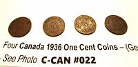 Four Canada 1936 one cent coins laid out horizontally showing front and reverse sides with text in background.