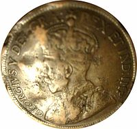 Obverse side of the 1916 Canadian one cent coin showing King George V with inscriptions.