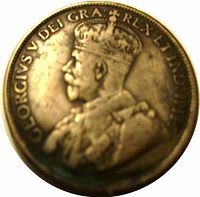 Obverse of 1916 Canada One Cent coin, displaying King George V profile and inscription 'GEORGIVS V DEI GRA REX ET IND IMP'.