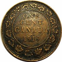 Reverse side of the 1919 Canada one cent coin showing denomination and maple leaf wreath design.