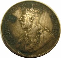 Obverse side of the 1920 Canadian one cent coin showing left-facing portrait of King George V with crown and ornate robes.