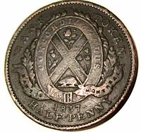 Close up of obverse of 1837 Bank Token showing City of Montreal arms with Saint Andrew's Cross and motto 'Concordia Salus'. Raised lettering around the rim.