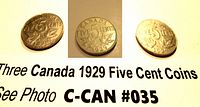 Photo of the three 1929 Canadian Five Cent coins showing front and back details and seller's label.