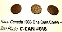 Three Canada 1933 one cent coins showing the front side with denomination and date.
