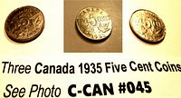 Three 1935 Canadian five cent coins displayed side by side on a white sheet with text describing the lot and coin year.