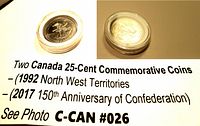 Two Canada 25-Cent Commemorative Coins 1992 North West Territories and 2017 150th Anniversary of Confederation with printed description visible.