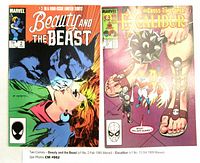 Photo of both comics showing front covers: Beauty and the Beast (v1 No. 2 Feb 1985) and Excalibur (v1 No. 13 Oct 1989).