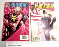 Photo of two comics side by side on a white backdrop showing Iron Man: Inevitable No. 3 and The Invincible Iron Man No. 21 with a label below.
