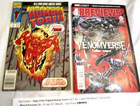 Two comic books placed side by side: 'Saga of the Original Human Torch' (Vol.1 No.1 April 1990) and 'Marvel Previews' No. 24 July 2017. Covers visible showing vibrant artwork.