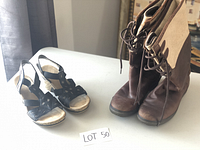 Lot view of tall brown leather UGG boots and black Rieker dress shoes side by side on table, front and side angles visible.