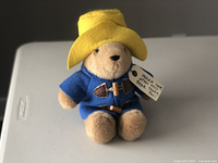 Front view of vintage plush Paddington Bear with blue coat, yellow hat and neck tag.