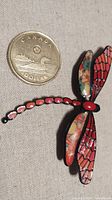 Close-up image of the dragonfly brooch shown next to a Canadian one dollar coin for scale, highlighting the enamel details on wings and body.