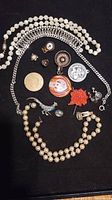 Full view of all jewelry pieces laid out on a dark surface, including necklaces, brooches, pins, pendant, and chain.