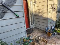 Outdoor front porch scene showing large metal dragonfly wall sculpture mounted on siding, garden figures including roosters and frogs near the steps, several wood signs stacked on porch floor.
