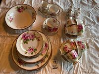Full view of the set laid out showing plates, cups, saucers, cream and sugar, and salt and pepper shakers.
