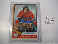 Front of 1974 Topps Ken Dryden hockey card in plastic protective sleeve showing player in Canadiens red uniform with goalie pads.