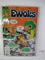Front cover of Ewoks comic book, issue 4, with title 'The Valley of Evil' and Ewoks characters featured with a snake-like monster.