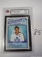 Front photo of 1983-84 O-Pee-Chee Rick Vaive hockey card graded 9.5 NGM, showing card in PSA protective case with label.