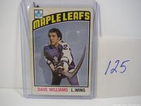 Front view of Dave Williams Maple Leafs rookie hockey card showing player in uniform with name and position.