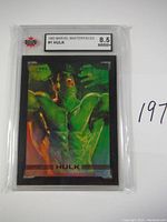 Front image of the 1993 Marvel Masterpieces #1 Hulk card in protective graded case, showing card grade 8.5 Near Mint+.