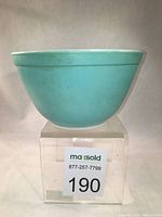 Side view of turquoise Pyrex bowl showing paint wear and condition of surface