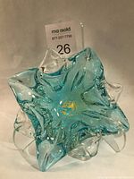 Bottom view of teal and clear ruffled Murano glass bowl showing gold fleck bullicante and the layered Sommerso technique.