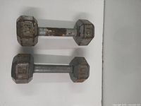 Photo showing two gray hex dumbbell weights labeled 10 lbs with visible rust and paint chipping on handles and weight heads.