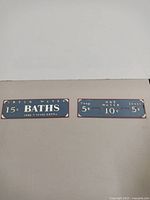 Two rectangular aluminum home decor signs placed side by side on a neutral surface, showing vintage pricing for baths and related items.
