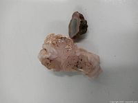 Chalcedony rose and geode displayed on white background showing textures, colors, and size difference