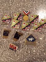 Top view showing a group of nine Olympic pins including Calgary 1988, Nagano 1998, Toronto 1996 pins, USA gold medal replica, USA basketball and figure skating pins.