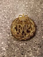 Front view of the Royal Air Force anodized aluminum cap badge showing crown, RAF letters, and laurel wreath design.
