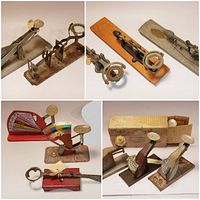 Photo shows multiple antique egg scales in metal and wood, highlighting their size and design variety.