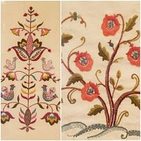 Close-up of the floral and bird embroidery, showing detailed stitch work and color palette.