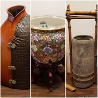 Composite showing all three items: kimono sculpture, floral vase on stand, and tall ceramic and bamboo piece