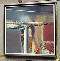 Front view of abstract oil painting showing composition and frame