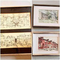 Framed artworks showing two smaller watercolors of houses stacked above ink sketches of streetscapes with houses.