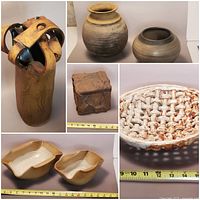 Grouped photo showing tall vase with chipped rim, smaller vase, square lidded box, matching bowls, and woven bowl with ruler for scale.