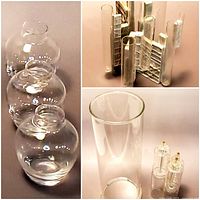Three small rounded glass vases photographed together showing clear bulbous shapes.