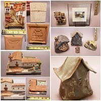 Various miscellaneous pottery houses, ceramic tiles, Mission San Jose ceramic model, small clock, and small ceramic house candle holder laid out with measuring tape for size reference.