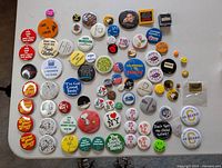 Photo showing a collection of 59 assorted memorabilia pins with various themes and colors laid out on a white surface.