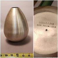 Front and bottom view of the brushed metal vase with measuring tape showing approximately 9 inches tall. The bottom shows the Maker's mark 'Wingard San Francisco'.