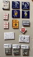 Photo of vintage kitchen magnets including several Morton Salt themed pieces and others with brand logos and unique designs.
