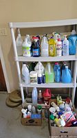 Full view of multiple shelves filled with assorted cleaning products and chemicals, various bottles and jugs, some boxes with smaller bottles at bottom