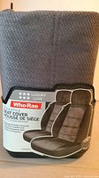Front view of packaged Who-Rae universal luxury style seat covers in gray with visible brand and product info on label