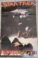 Full front view of the Star Trek The Motion Picture poster showing USS Enterprise and planets with character portraits along the bottom, highlighting fold creases and general condition.