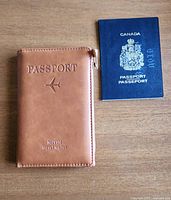 Photo showing the MIYN travel wallet next to a Canadian passport, indicating approximate size and intended use.