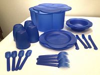 Full set laid out including cups, plates, bowls, knives, forks, spoons, and container.