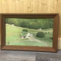 Framed aerial print showing a house with green roof and surrounding countryside.